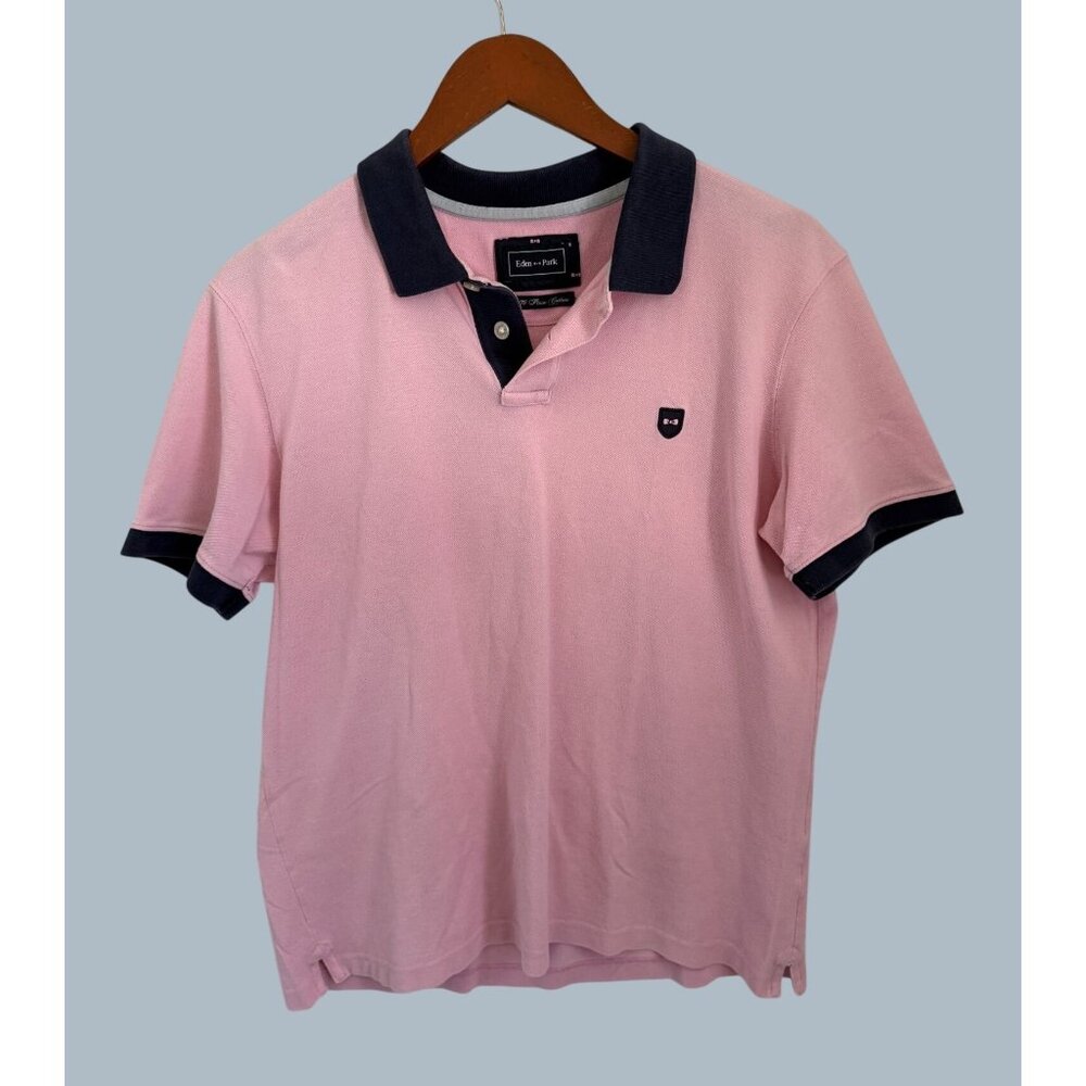 Eden Park Pink Polo Shirt With Navy Collar & Cuffs 100% Pima Cotton Embroidered
